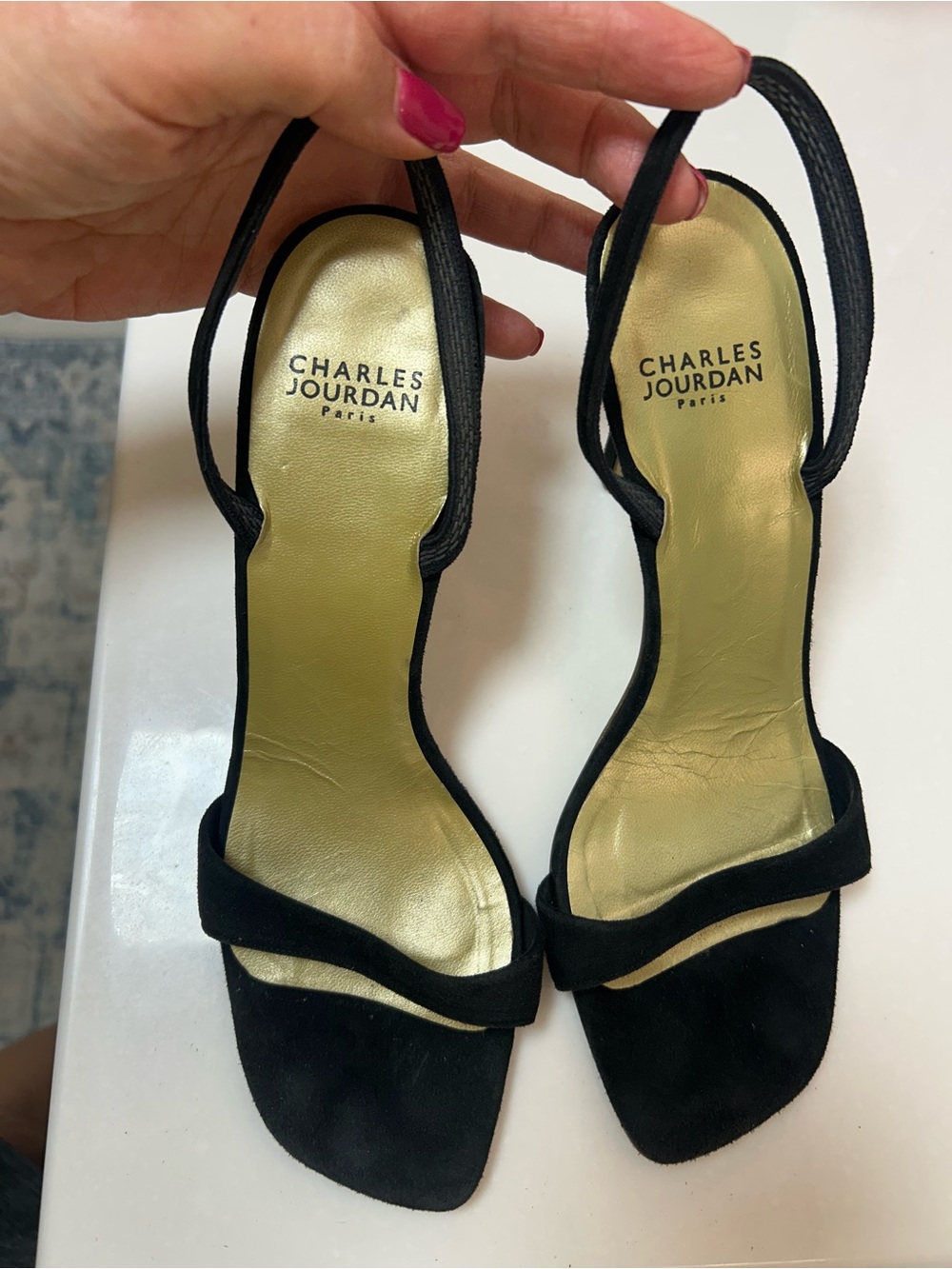 Charles Jordan suede thin ankle strap 4” heeled sandals. Size 8.5 EUC